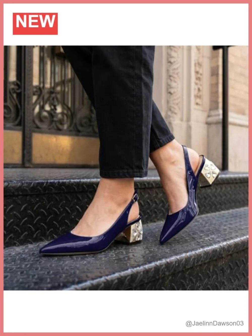 Womens Chunky Block Heel Slingback Pumps Pointed Toe Rhinestone Comfortable 2in